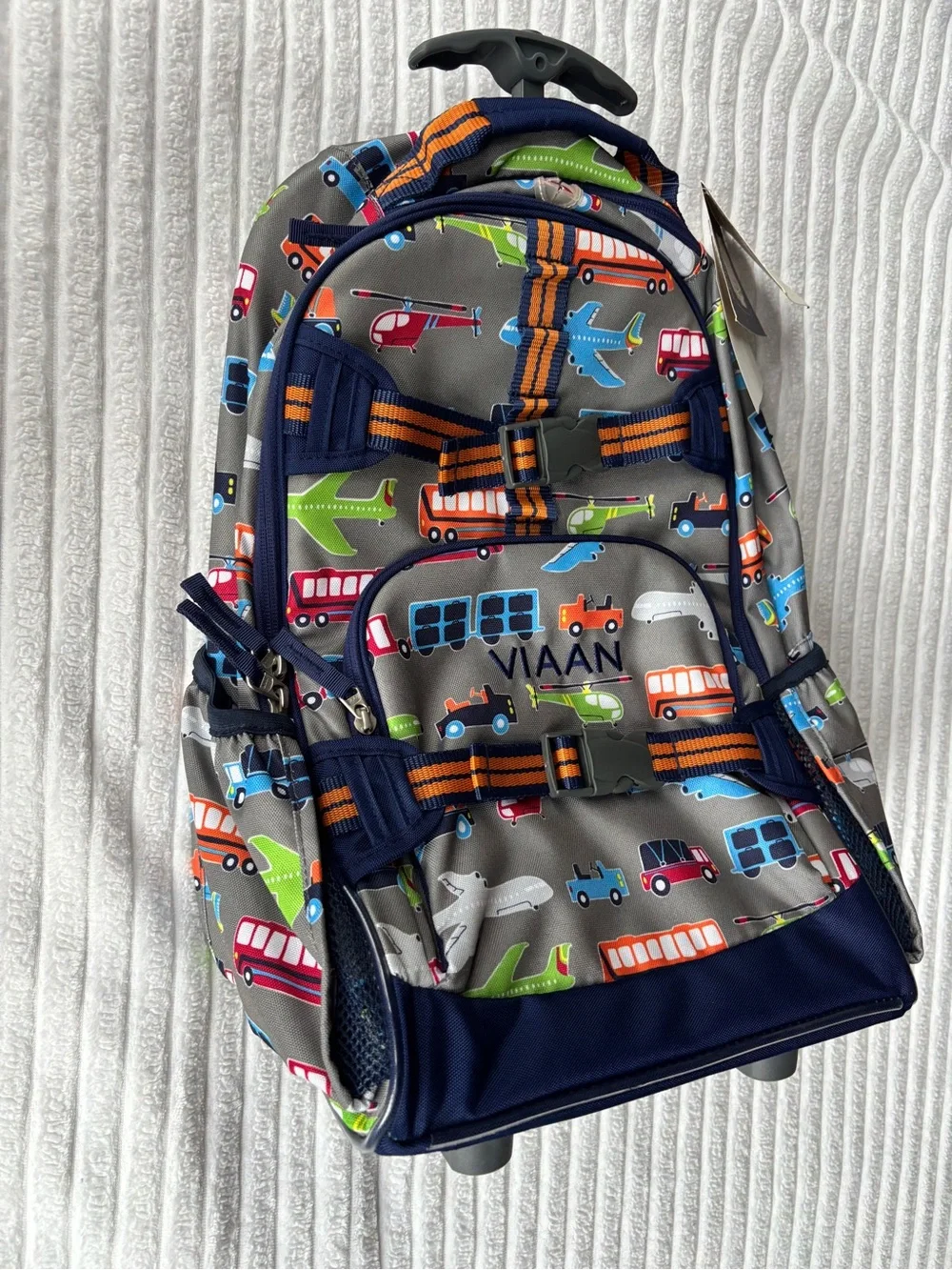 Pottery Barn for Kids Rolling Backpack - Grey with Multi-Vehicle print
